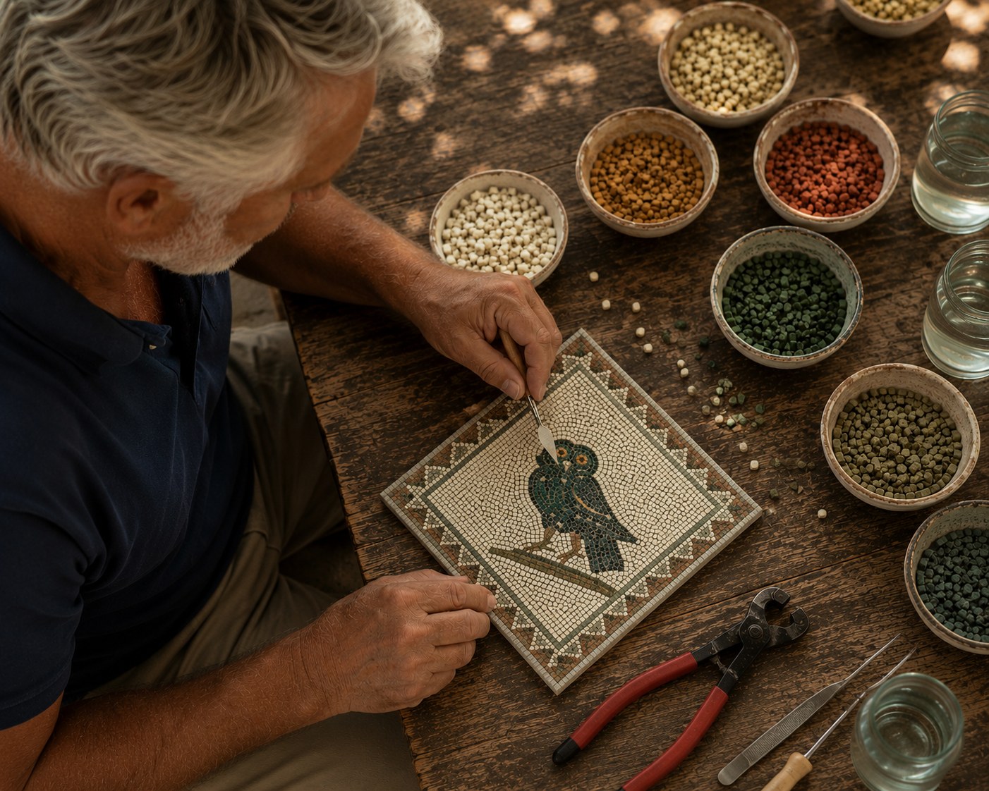 Hands choosing tesserae
