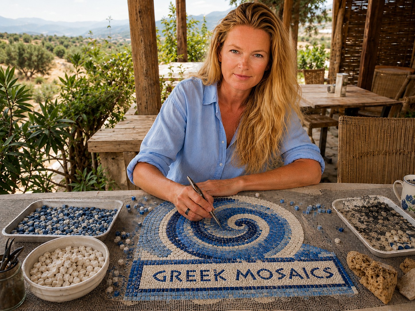 Linda, your host, working on a mosaic at the table
